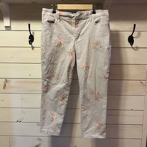 Bandolino Mandie Slim Crop Pants Morning Fog Gray & Pink Flowers stretchy Sz 14